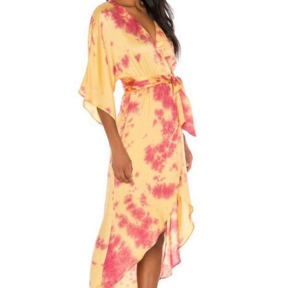 Privacy Please Faux Wrap Dress Small Yellow Tie Dye Summer Hippie Beachy - Picture 1 of 8